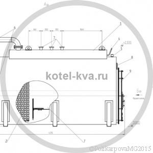 Чертеж котла КВ 1000 вид сбоку, топливо уголь, дрова