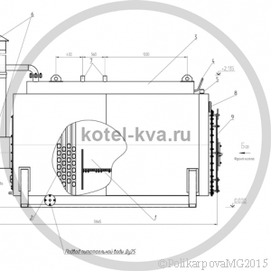 Чертеж котла КВ 700 вид сбоку, топливо уголь, дрова